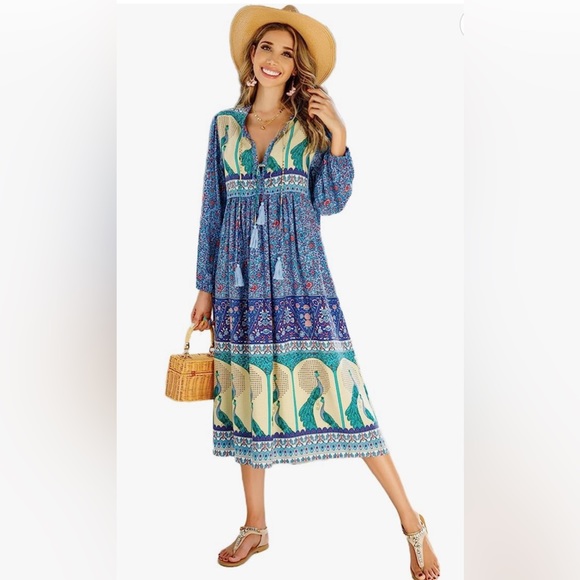 NWOT Bohemian Floral Midi Dress with V Neck and double tie tassel front - Picture 2 of 6